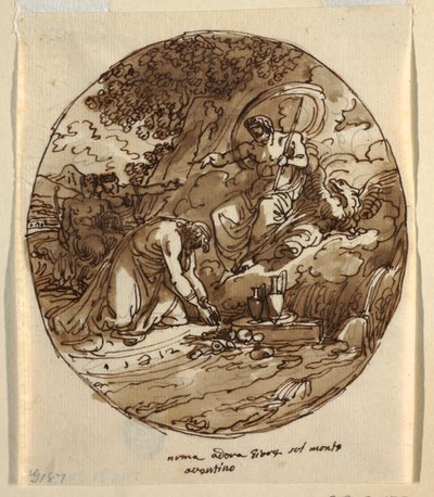 Numa Pompilius aanbidt Jove op de Aventijn, plafondontwerp voor de Sala di Numa Pompilius, Palazzo Milzetti, Faenza door Felice Giani