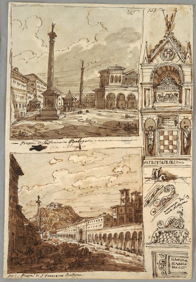 Piazza San Domenico in Bologna; Piazza San Francesco en Villa Aldini in Bologna; Studie van het graf van Glossatori door Felice Giani