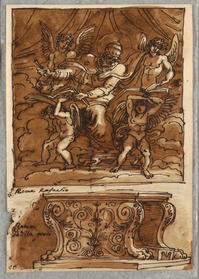 Paus Gregorius VII en vier engelen, studie naar Raphael "Personen van het pausdom"; antieke bank door Felice Giani