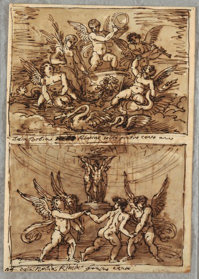 Putti in een wagen met dolfijnen en zwanen door Felice Giani