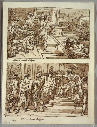 Remus Doodt Koning Amulius; Remus Geleid in Ketenen voor Koning Amulius; Twee Studies naar Carracci door Felice Giani