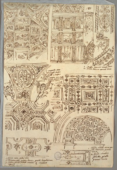 Zeven Studies van Vierhoekige Plafonds; Verso: Twee Anatomische Studies van Armen door Felice Giani
