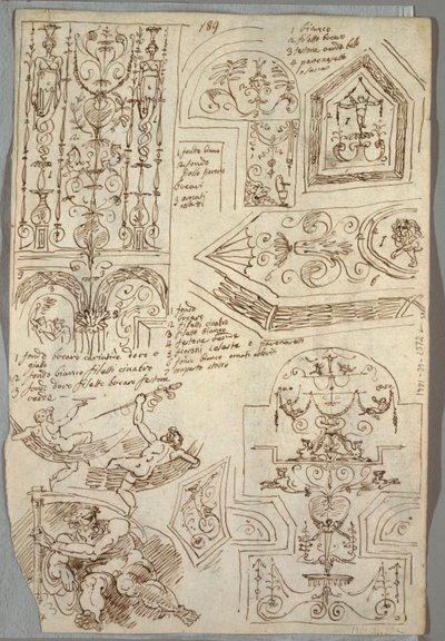 Zes decoratieve studies; Verso, anatomische studie door Felice Giani