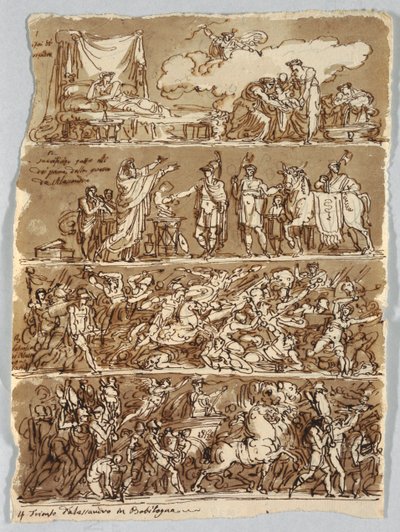 Schetsboekpagina: Geboorte van Alexander de Grote; Slag van Alexander en Darius; Triomf van Alexander door Felice Giani