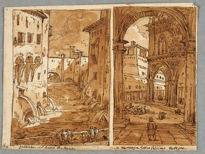 Schetsboekpagina, folio 64: Studie naar Bolognese architectuur en beeldhouwkunst; verso: geometrische ontwerpen door Felice Giani