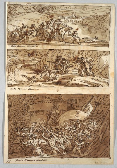 Schetsboekpagina, Folio 95: Drie schilderijen na Giulio Romano; Verso: Leeuw en Adelaar door Felice Giani