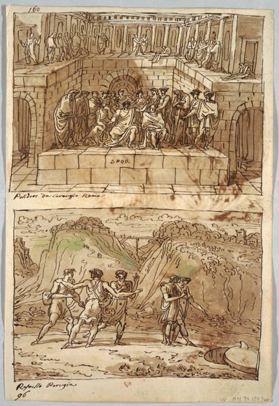 Schetsboekpagina, Folio 98: Twee schilderijen naar Caravaggio en Raphael; Verso: Adelaar en os door Felice Giani