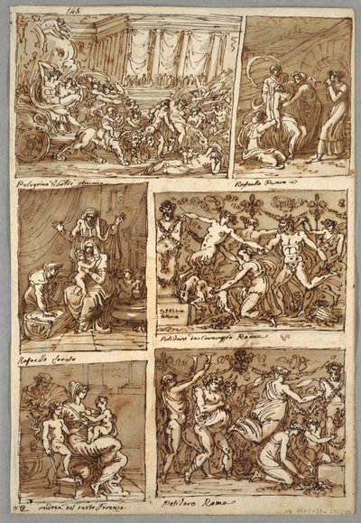 Schetsboekpagina: Zes scènes; Verso: Vijf studies van paardenhoofden; Hoofd van een leeuw door Felice Giani