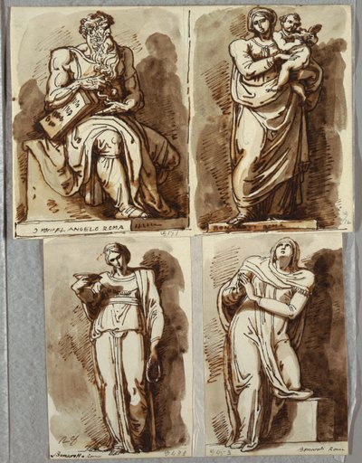 Studies naar Vier Beelden op het Graf van Julius II, naar Michelangelo: Mozes; Madonna en Kind; Leah, Deugd; Rachel, Religie door Felice Giani