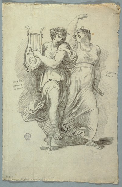 Terpsichore, muze van dans en Erato, muze van liefdespoëzie door Felice Giani