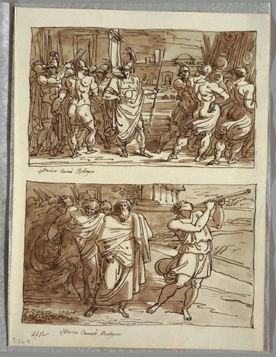 De trots van Romulus: Het bespotten van de oude kapitein van de Veii; Twee studies naar Carracci door Felice Giani