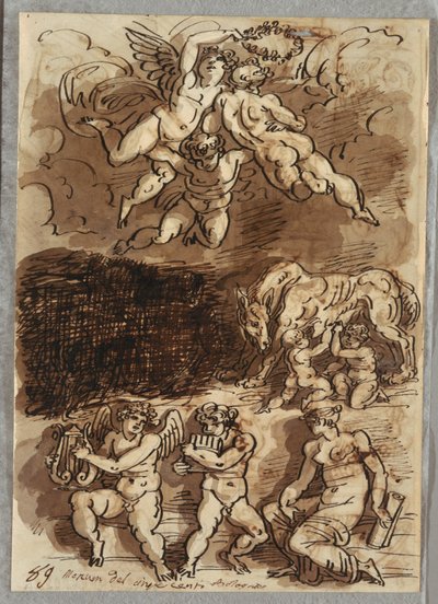 Drie putti met guirlande; Romulus en Remus die zogen bij de wolvin; Twee putti die cimbalen bespelen door Felice Giani