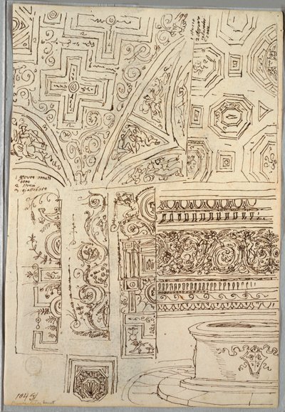 Twee Decoratieve Studies van Plafonds; Verso: Studies van Hoofden door Felice Giani