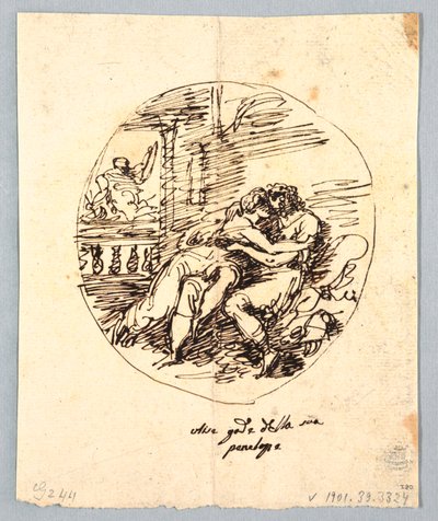 Odysseus en Penelope omhelzen elkaar door Felice Giani