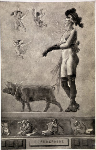 Pornokrates (Naakte vrouw, ogen bedekt, omringd door engelen en een varken aan een lijn houdend) - tekening door Felicien Rops (1833-1898) door Félicien Rops