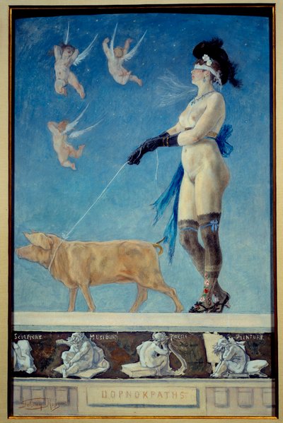 Pornokrates. Een naakte vrouw in kousen met blinddoek wordt getrokken door een varken dat ze aan een riem houdt door Félicien Rops
