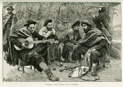 Een payador, duel in verzen van wandelende zangers. Gravure door Myrbach, ter illustratie van het verhaal 