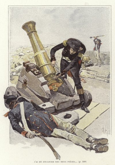 Een soldaat inspecteert een kanon naast het lichaam van een dode soldaat door Felicien baron de Myrbach Rheinfeld