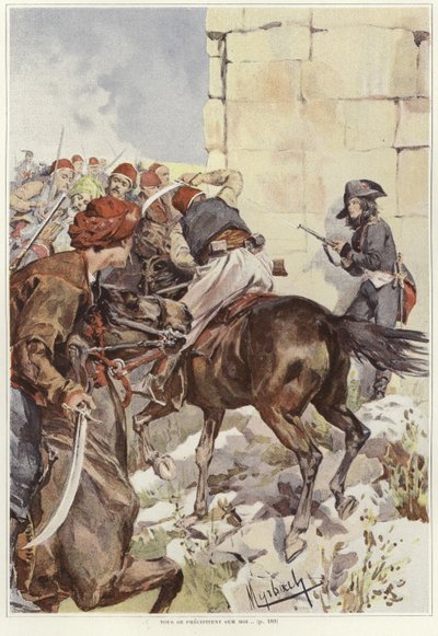 Een soldaat richt zijn geweer terwijl hij wordt aangevallen door Felicien baron de Myrbach Rheinfeld