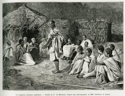 Een asmari, een wandelende zanger. Gravure door F. De Myrbach, naar een foto, ter illustratie van het verhaal 