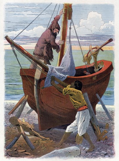 Robinson Crusoe en Vrijdag bouwen een boot. door Felicien baron de Myrbach Rheinfeld