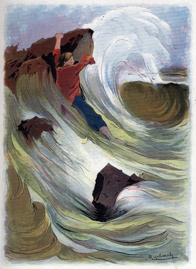 Robinson Crusoe slaagt erin zich aan een rots vast te klampen door Felicien baron de Myrbach Rheinfeld