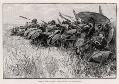 De aanval van de Massais. Gravure door Myrbach ter illustratie van het verhaal 