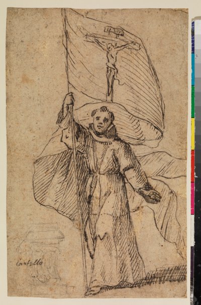 Franciscaner monnik met een banier met het kruisbeeld door Felipe Gomez de Valencia