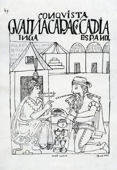 Een Inca vraagt een Spanjaard wat hij eet, hij antwoordt 