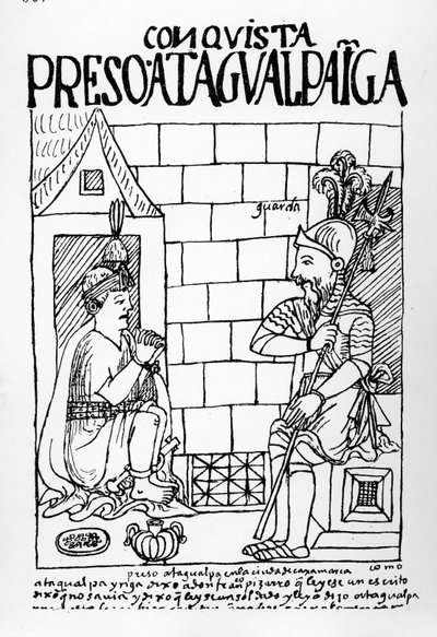 Atahualpa Inca in zijn gevangenis in Cajamarca door Felipe Huaman Poma de Ayala