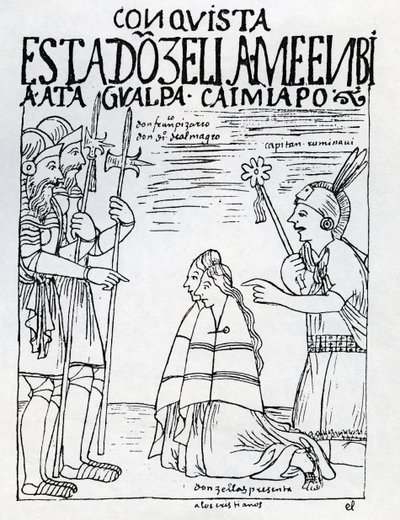 Kapitein Ruminavi presenteert Francisco Pizarro en Diego de Almagro twee vrouwen door Felipe Huaman Poma de Ayala