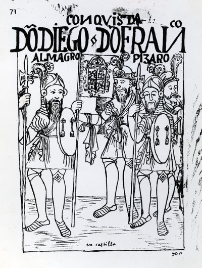 Conquistadores Diego de Amagro en Francisco Pizarro verzoend in Castille door Felipe Huaman Poma de Ayala