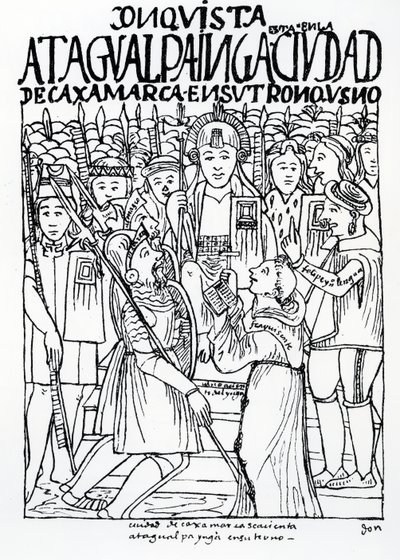 Diego de Almagro, Francisco Pizarro en Broeder Vicente de Valverde knielend voor Atahualpa Inca in Cajamarca door Felipe Huaman Poma de Ayala