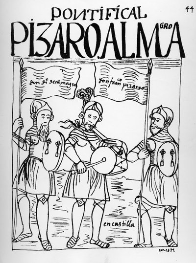 Diego de Almagro en Francisco Pizarro in Castilië door Felipe Huaman Poma de Ayala