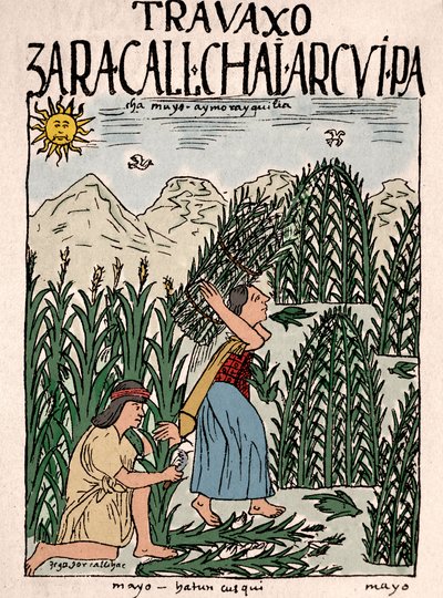 Inca Rijk: Inca boeren aan het werk op de velden in mei - Inkttekening uit het manuscript 