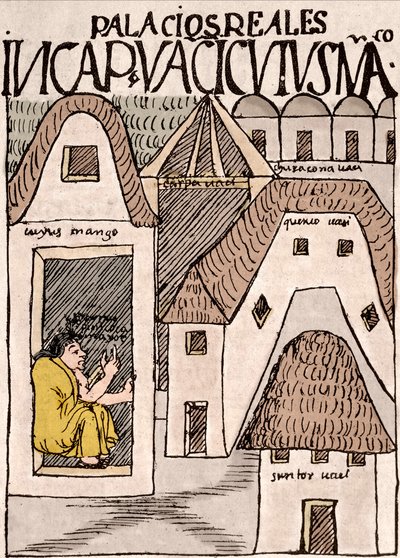 Inca Rijk: Tempels en paleizen in Cuzco, Peru - Inkttekening uit het manuscript “Nueva coronica y buen gobierno” door Don Felipe Puma de Ayala die het leven van de Inca