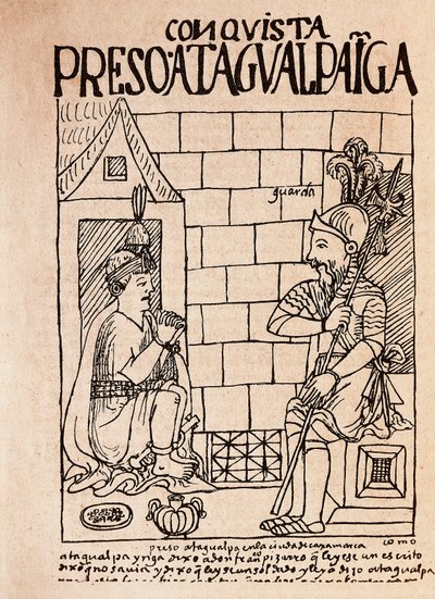 Inca keizer Atahualpa, gevangene van de Conquistadores in Cajamarca door Felipe Huaman Poma de Ayala