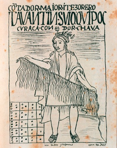 Inca-man die een quipu vasthoudt: een boekhoudsysteem met touwen en knopen (inkt tekening) door Felipe Huaman Poma de Ayala
