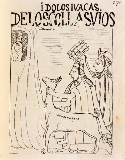 Inca offert lama aan afgoden (gravure) door Felipe Huaman Poma de Ayala