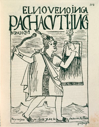 Portret van grote Inca-keizer Pachacutec door Felipe Huaman Poma de Ayala