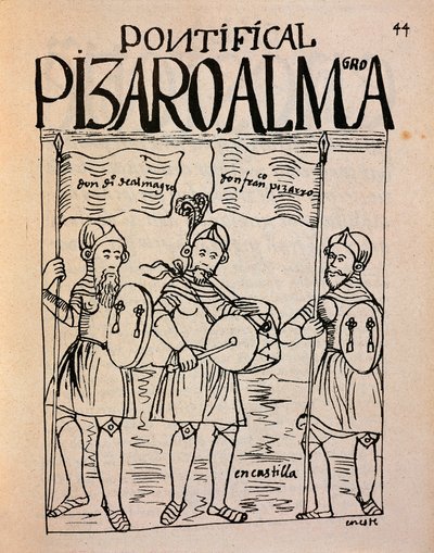 Portretten van Francisco Pizarro en luitenant Diego de Almagro voor de expeditie naar Peru (inkt tekening) door Felipe Huaman Poma de Ayala