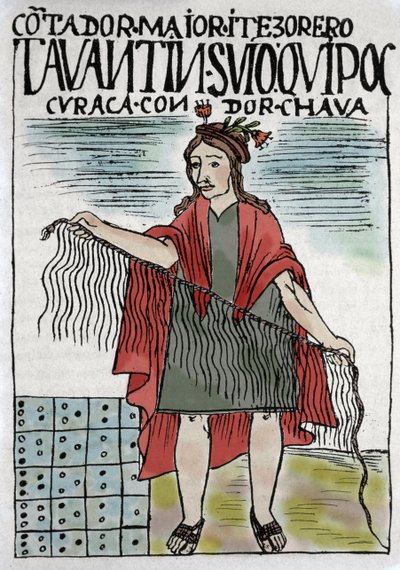 Quipu (Quipo Quipou) Inca boekhoudsysteem in touw en knopen, Inca cultuur 1400-1532 AD, manuscript door Felipe Guaman Puma de Ayala (Nueva Coronica y buen Gobierno), Indiaanse columnist van de 16e eeuw. door Felipe Huaman Poma de Ayala