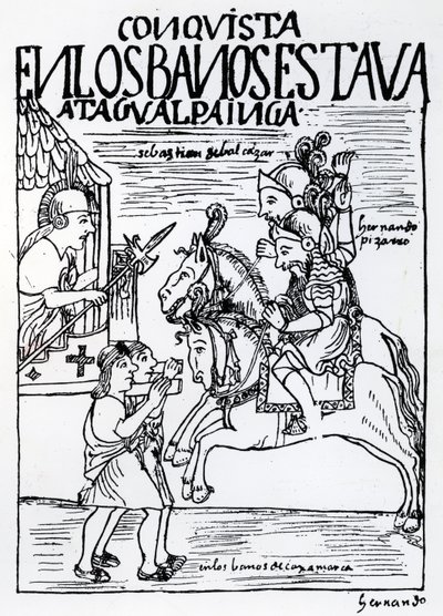 Sebastian de Benalcazar en Hernando Pizarro confronteren Atahualpa Inca bij de Koninklijke Baden in Cajamarca (houtsnede) door Felipe Huaman Poma de Ayala