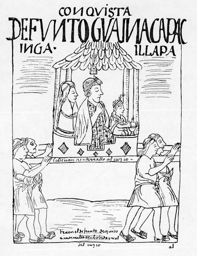 Het lichaam van Huayana Capac wordt van Quito naar Cuzco gedragen voor begrafenis door Felipe Huaman Poma de Ayala