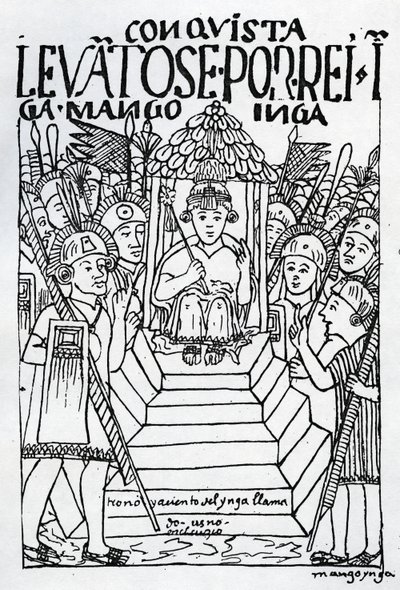 De pas gekroonde Manco Inca op de troon in Cuzco door Felipe Huaman Poma de Ayala