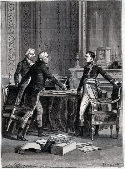 Eerste beraadslaging van de drie consuls in Peer-Luxembourg - Napoleon Bonaparte, Emmanuel Joseph Sieyes en Pierre Roger-Ducos 1799 - Gravure door Barbant, naar Philippoteaux - Eerste Consulaat, 24 Frimaire VIII (15 december 1799), eerste vergadering van h door Felix (after) Philippoteaux