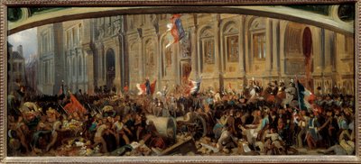 Revolutie van 1848: Alphonse de Lamartine (1790-1869), Franse schrijver en politicus, wijst de rode vlag af in het stadhuis op 25/02/1848 door Felix (after) Philippoteaux