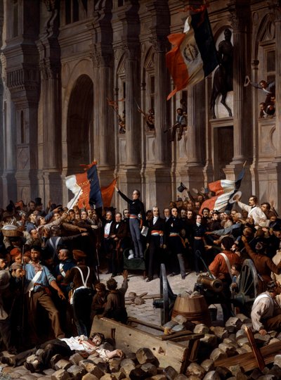 Revolutie van 1848: Alphonse de Lamartine (1790 - 1869), die de rode vlag weigert voor de driekleurige vlag, in het stadhuis. Parijs, 26 februari 1848 (detail) door Felix (after) Philippoteaux