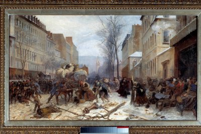 Scène van bombardement in Parijs door Pruisische legers in januari 1871 Oorlog van 1870-1871: het beleg van Parijs door het Pruisische leger. Schilderij door Henri Felix Philippoteaux (1815-1884). Dim. 0,46 x 0,81 m. 1871. Parijs, musee Carnavalet - Bombar door Felix (after) Philippoteaux