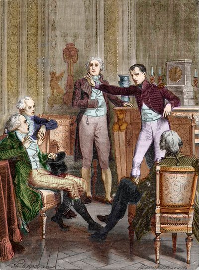 De Eerste Consul Bonaparte in gesprek met de wiskundige Gaspard Monge - Gesprek tussen Bonaparte, Eerste Consul, en Gaspard Monge (1746-1818) gravure door Felix Philippoteaux (1815-1884). door Felix (after) Philippoteaux